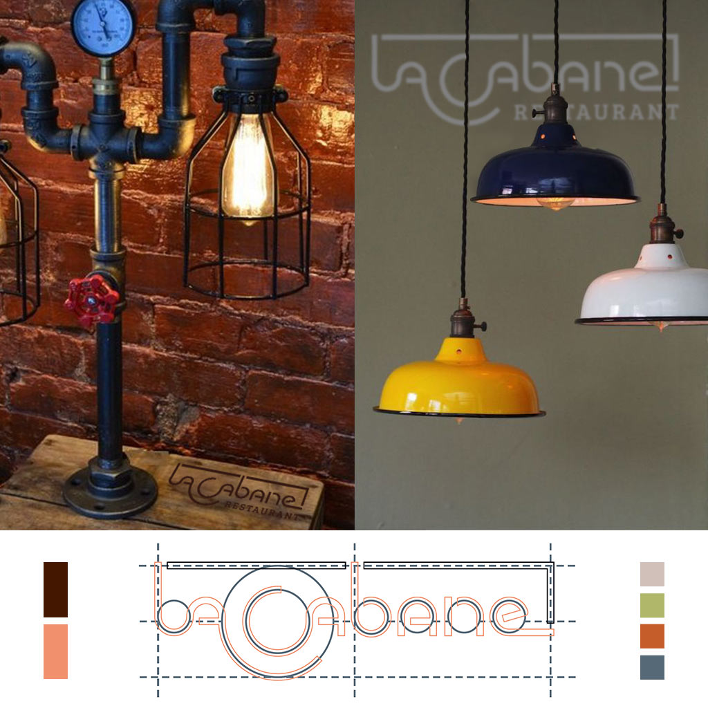 une planche d'ambiance sur laquelle figurent deux photomontages au look déco industrielle, et le logo du restaurant accompagné de ses traits de construction.